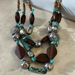 Southwest Turquoise Silver and Wooden Bead Necklace 17-19”